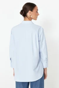 TRENDYOLMİLLA Light BLUE Front Stone Detailed Regular Normal Pattern Weaving Shirt - Image 6