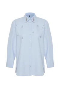 TRENDYOLMİLLA Light BLUE Front Stone Detailed Regular Normal Pattern Weaving Shirt - Image 7