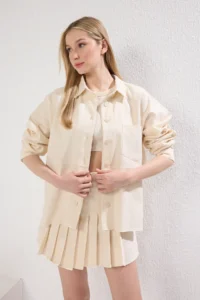 TRENDYOLMİLLA Beige Back Lace Detailed with pocket Regular Gabardine Jacket - Image 2