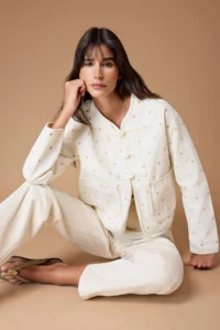 TRENDYOLMİLLA More Sustainable Ecru Heart Embroidered Pocket Detail DENIM Jacket