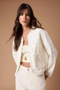 TRENDYOLMİLLA More Sustainable Ecru Heart Embroidered Pocket Detail DENIM Jacket - Image 2