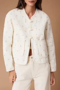 TRENDYOLMİLLA More Sustainable Ecru Heart Embroidered Pocket Detail DENIM Jacket - Image 3