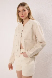TRENDYOLMİLLA More Sustainable Ecru Heart Embroidered Pocket Detail DENIM Jacket - Image 6