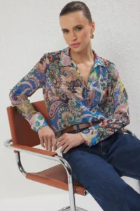 TRENDYOLMİLLA Multicolored Long Sleeve Oversized Patterned Siphon Shirt