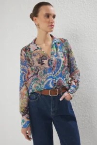 TRENDYOLMİLLA Multicolored Long Sleeve Oversized Patterned Siphon Shirt - Image 2