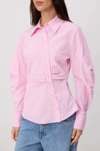 TRENDYOLMİLLA PINK-Multicolored Balloon Sleeve Detailed Waist Fitting Asymmetric Fitted Shirt - Image 3