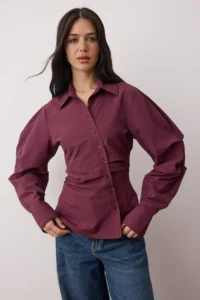 TRENDYOLMİLLA Plum Balloon Sleeve Detailed Waist Fitting Asymmetric Fitted Shirt - Image 2