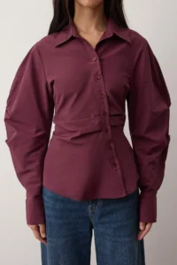 TRENDYOLMİLLA Plum Balloon Sleeve Detailed Waist Fitting Asymmetric Fitted Shirt - Image 3