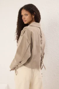 TRENDYOLMİLLA Beige Regular Binding Detailed Thin Biker Jacket Coat