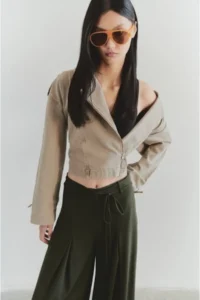 TRENDYOLMİLLA Beige Regular Binding Detailed Thin Biker Jacket Coat - Image 4