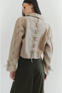 TRENDYOLMİLLA Beige Regular Binding Detailed Thin Biker Jacket Coat - Image 5