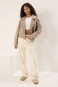 TRENDYOLMİLLA Beige Regular Binding Detailed Thin Biker Jacket Coat - Image 6