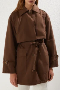 TRENDYOLMİLLA Dark Brown Piece Detailed Regular Midi Trench Coat - Image 3