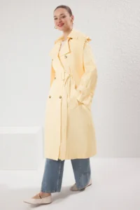 TRENDYOLMİLLA Light YELLOW Shawl Collar Double breasted Oversized LONG Trench Coat