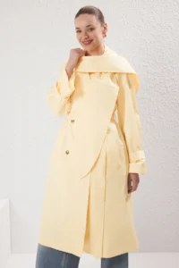 TRENDYOLMİLLA Light YELLOW Shawl Collar Double breasted Oversized LONG Trench Coat - Image 2
