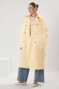 TRENDYOLMİLLA Light YELLOW Shawl Collar Double breasted Oversized LONG Trench Coat - Image 3