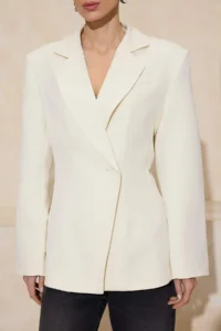 TRENDYOLMİLLA Off WHITE Fitted Single Button Weaving Lined padded Blazer Jacket - Image 3