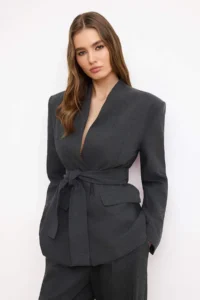 TRENDYOLMİLLA TRENDYOLMiLLA Wardrobe Essentials – Anthracite Belted Double breasted Blazer Material Jacket
