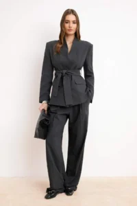 TRENDYOLMİLLA TRENDYOLMiLLA Wardrobe Essentials – Anthracite Belted Double breasted Blazer Material Jacket - Image 2