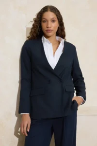 TRENDYOLMİLLA NAVY BLUE V-neck Double breasted Kapama Lined Weaving padded Blazer Jacket - Image 2