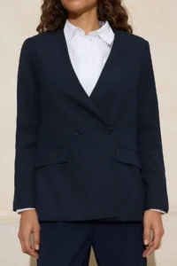 TRENDYOLMİLLA NAVY BLUE V-neck Double breasted Kapama Lined Weaving padded Blazer Jacket - Image 3