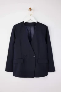 TRENDYOLMİLLA NAVY BLUE V-neck Double breasted Kapama Lined Weaving padded Blazer Jacket - Image 5
