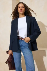 TRENDYOLMİLLA NAVY BLUE Silver buttoned Fitted Weaving Lined padded Blazer Jacket