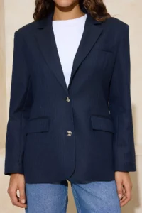 TRENDYOLMİLLA NAVY BLUE Silver buttoned Fitted Weaving Lined padded Blazer Jacket - Image 3