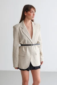 TRENDYOLMİLLA Stone Striped Arched 100% Cotton Lined Oversized Blazer Jacket