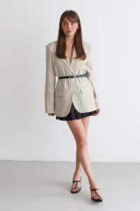 TRENDYOLMİLLA Stone Striped Arched 100% Cotton Lined Oversized Blazer Jacket - Image 3