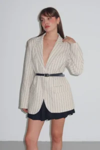 TRENDYOLMİLLA Stone Striped Arched 100% Cotton Lined Oversized Blazer Jacket - Image 4