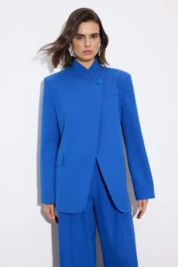 TRENDYOLMİLLA Limited Edition Saks BLUE High Neck Lined padded Blazer Jacket - Image 3