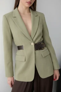 TRENDYOLMİLLA Light Khaki Kendinden Arched Blazer Jacket - Image 2
