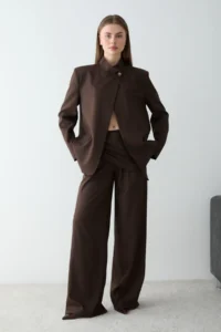 TRENDYOLMİLLA Brown Striped Kapama Detailed High Neck Jacket