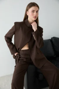 TRENDYOLMİLLA Brown Striped Kapama Detailed High Neck Jacket - Image 2