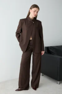 TRENDYOLMİLLA Brown Striped Kapama Detailed High Neck Jacket - Image 3
