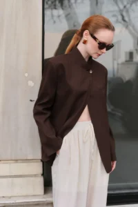 TRENDYOLMİLLA Brown Striped Kapama Detailed High Neck Jacket - Image 5