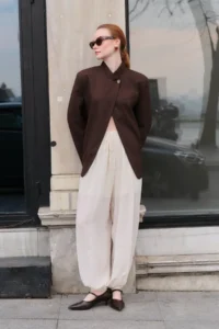 TRENDYOLMİLLA Brown Striped Kapama Detailed High Neck Jacket - Image 6