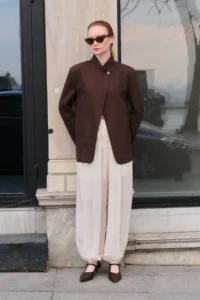 TRENDYOLMİLLA Brown Striped Kapama Detailed High Neck Jacket - Image 7
