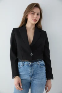 TRENDYOLMİLLA Black Skirt and Cuff Lace Detailed Crop Blazer Jacket - Image 3