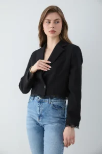 TRENDYOLMİLLA Black Skirt and Cuff Lace Detailed Crop Blazer Jacket - Image 4