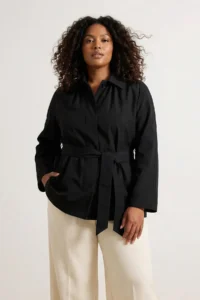TRENDYOLMİLLA Black Oversized Plus Size Belted Short Trench Coat - Image 2