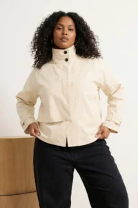 TRENDYOLMİLLA Ecru Oversized High Neck Plus Size Short Trench Coat