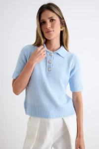 TRENDYOLMİLLA Light BLUE Polo Shirt Collar Soft textured Stone Button Detailed Blouse - Image 2