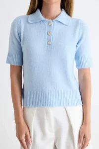 TRENDYOLMİLLA Light BLUE Polo Shirt Collar Soft textured Stone Button Detailed Blouse - Image 3