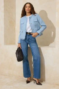 TRENDYOLMİLLA Light BLUE Weaving Tweed Accessory buttoned Jacket