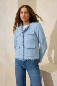 TRENDYOLMİLLA Light BLUE Weaving Tweed Accessory buttoned Jacket - Image 3