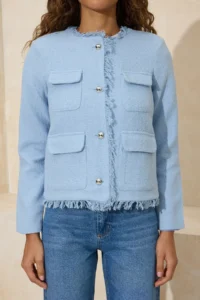 TRENDYOLMİLLA Light BLUE Weaving Tweed Accessory buttoned Jacket - Image 4