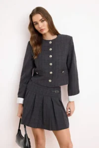 TRENDYOLMİLLA Anthracite Checkered Cuff Detailed Weaving buttoned Jacket