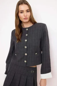 TRENDYOLMİLLA Anthracite Checkered Cuff Detailed Weaving buttoned Jacket - Image 2